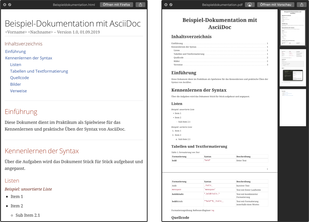 Screenshot Generiertes HTML (link) und PDF (rechts)
