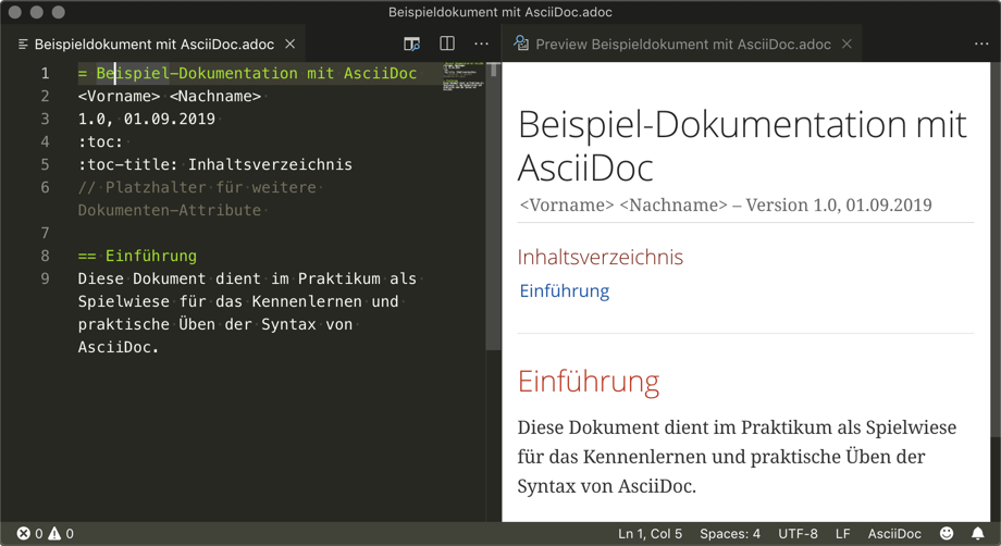 Screenshot VSCode mit AsciiDoc Vorschau